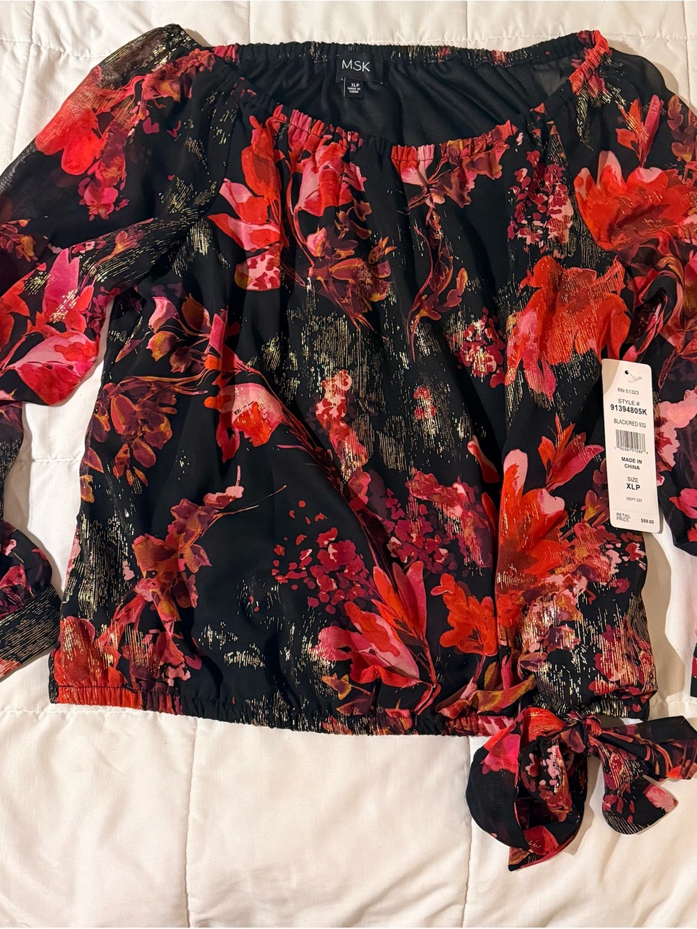 MSK Black Floral Off-Shoulder Tie-Hem Top